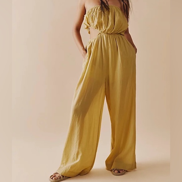 Free People Mustard Cut Out For It Wide Leg Pant Jumpsuit with Pockets - Picture 14 of 14